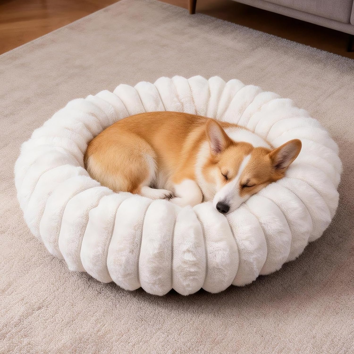 Donut Dog and Cat Bed, Luxurious Comfortable Faux Rabbit Fur Pet Beds, Soft Anti-Anxiety Calming Puppy Kitten Bed with Anti-Slip Bottom for Small Medium Dogs & Cats(23″, White)