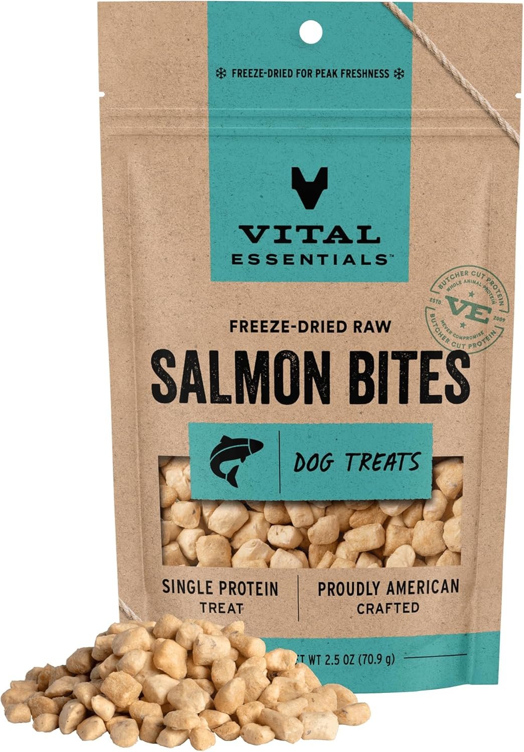 Vital Essentials Freeze Dried Dog Treats, Salmon Bites, 2.5 oz Bag | Single Animal Protein, Premium Quality, Grain-Free Training Treats, USA Made with U.S. & Globally Sourced Ingredients
