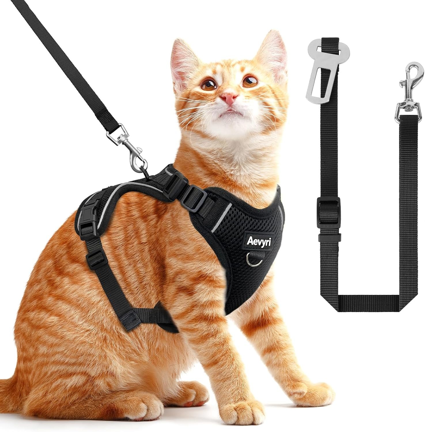 Cat Harness, Cat Harness and Leash for Walking, Adjusted in Four Directions and Breathable Cat Harness for Anti Escape that can be Fitted and Positioned, Reflective Strips Harness, Black, M