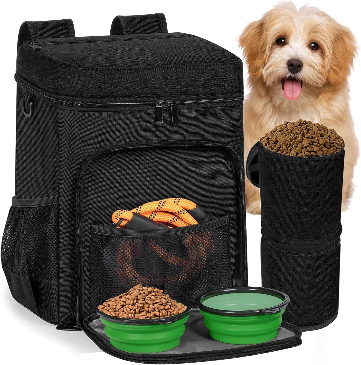 ANILD Dog Travel Bag Backpack, Flight-Ready TSA-Approved Dog Travel Bag with 2 Leak-Proof Food Canisters, 2 Foldable Silicone Bowls, Multi-Compartment Organizer for Hiking, Camping, Dog Mom Essentials