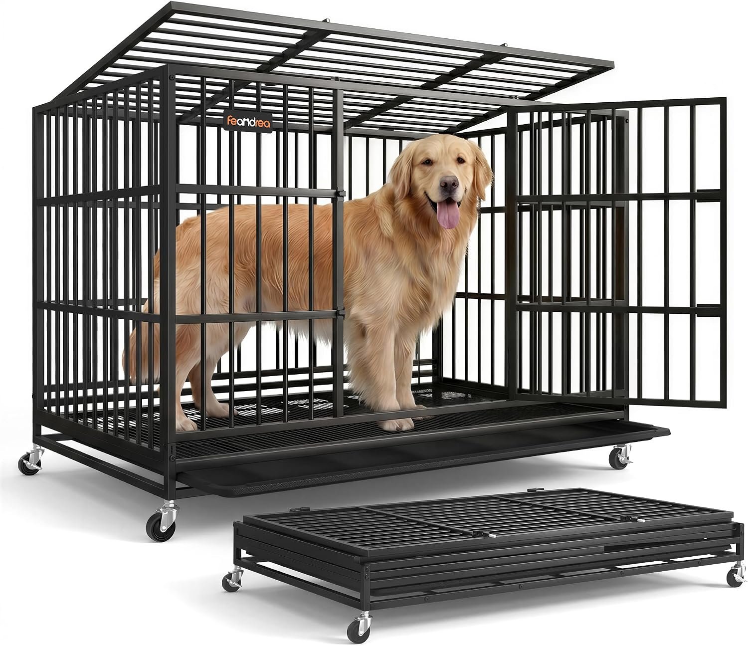 Feandrea Heavy-Duty Dog Crate, 5-Minute Quick Assembly, Foldable Dog Kennel Cage with Lockable Wheels, Double Doors, Escape Proof Fixed Bottom, Removable Tray, Easy to Clean, Ink Black, 48 Inch