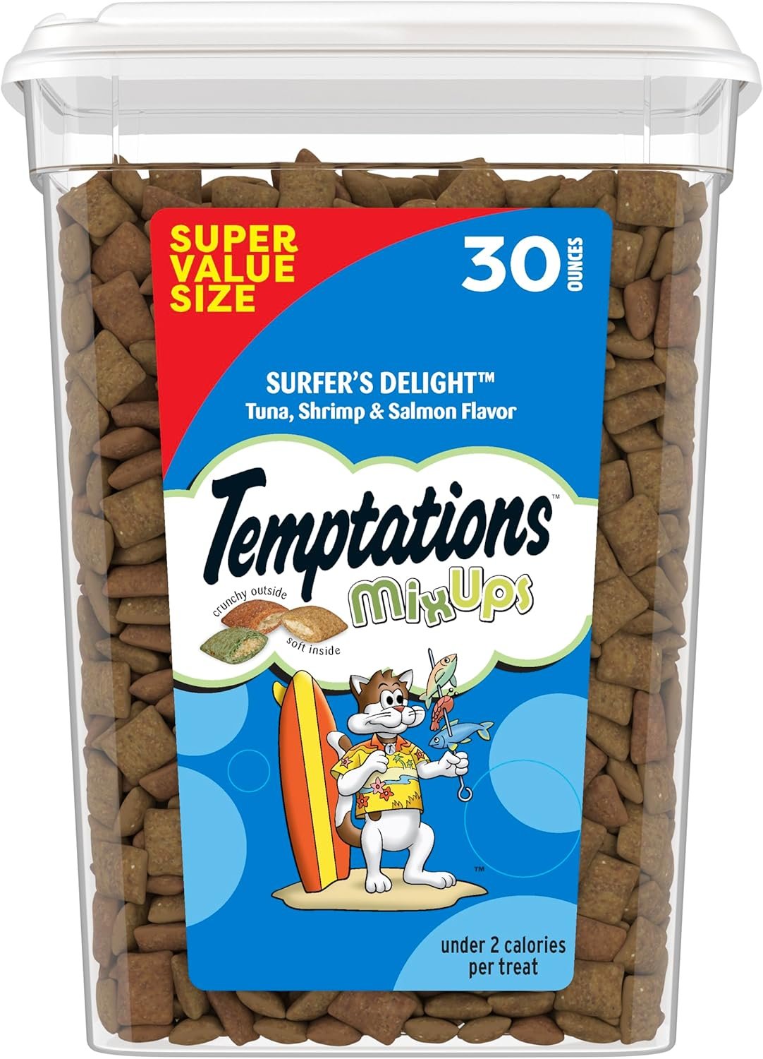 Temptations MixUps Crunchy Cat Treats, Surfer’s Delight, 30 oz | Tuna, shrimp & salmon flavors, under 2 calories per treat, supports dental health, resealable value tub
