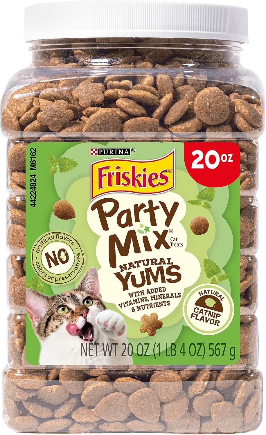 Friskies Purina Party Mix Natural YUMS Catnip Cat Treats, 20 oz Canister | Captivating natural catnip flavor with added vitamins and minerals and crunchy texture to help clean cats teeth