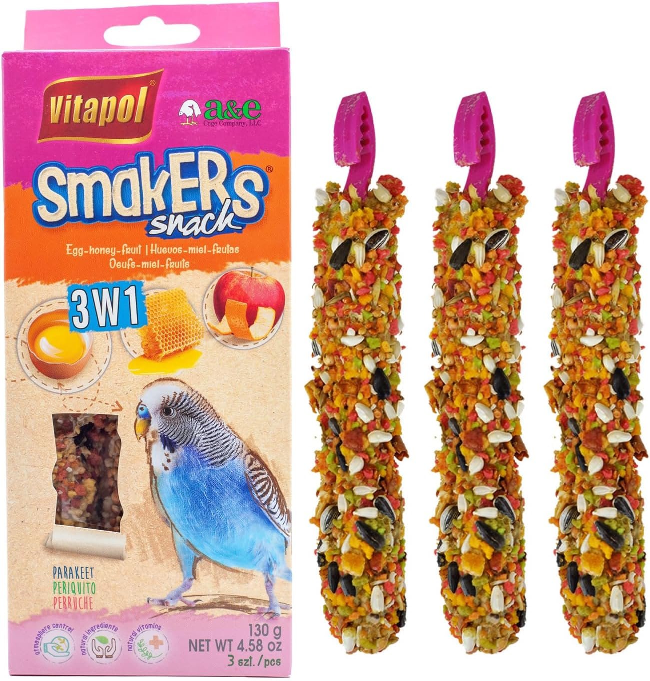 Vitapol Smakers 3-in-1 Treat Sticks for Parakeets, Egg Honey Fruit, 3 Pk | 3 Flavors in One Pack, 3-Layer Seed & Wheat Recipe, Metal Cage Hangers, Rotate Flavors to Keep Birds Engaged