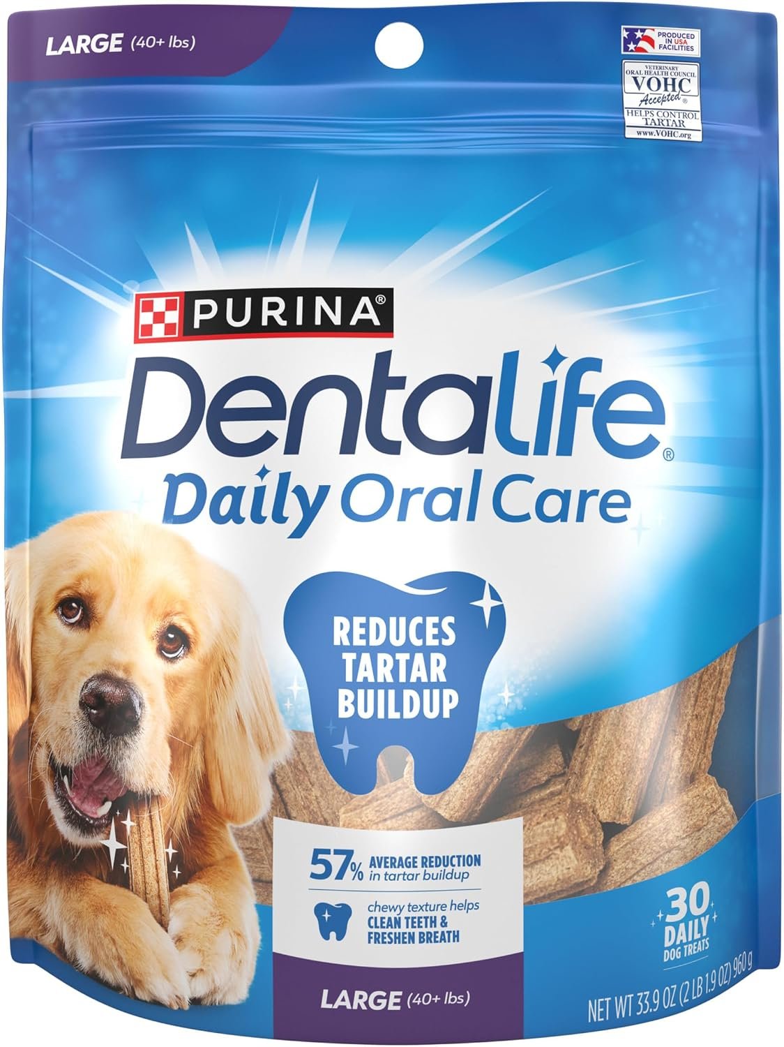 Dentalife Purina Daily Oral Care Dental Dog Treats for Large Dogs, 30 ct | For large dogs 40+ lbs, chicken-flavored dental chews that freshen breath and fight tartar buildup, made in the USA