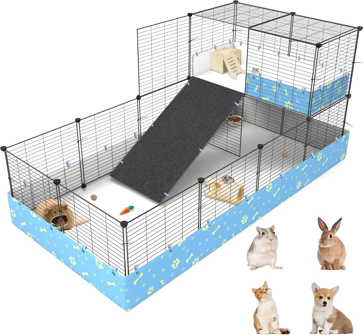 2-Story Guinea Pig Cages with Tarp, Large C&C Loft Cage for Rabbit Bunny Puppy Small Animal Indoor Dog Playpen Pet Exercise Enclosure, 25 Panels