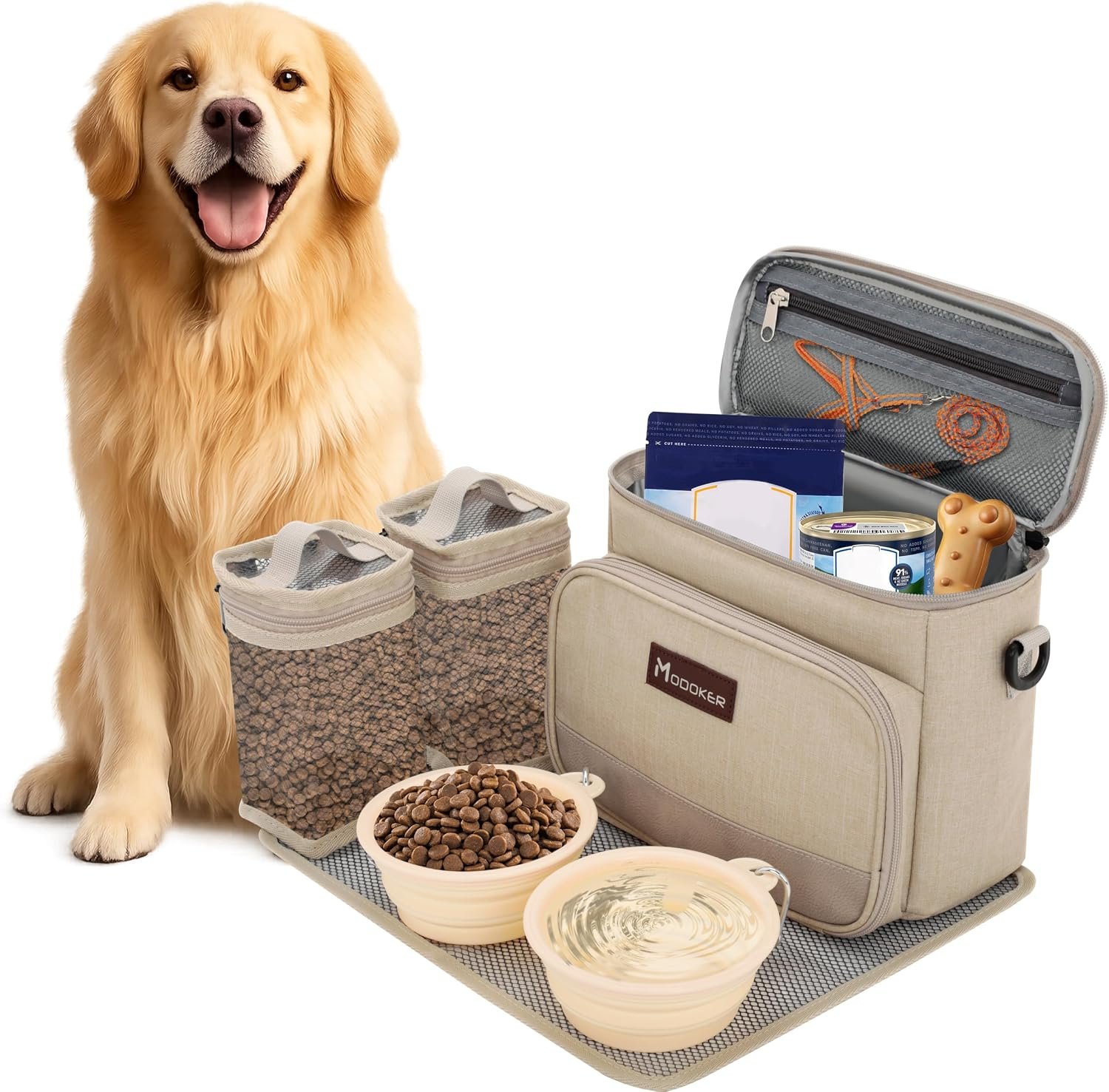 Modoker Compact Dog Travel Bag Set with 2 Bowls and Food Bags, 7.6L Beige | Under-Seat Pet Travel Organizer with 2 Food Bags, 2 Collapsible Bowls, Feeding Mat, Multiple Pockets and Adjustable Flap