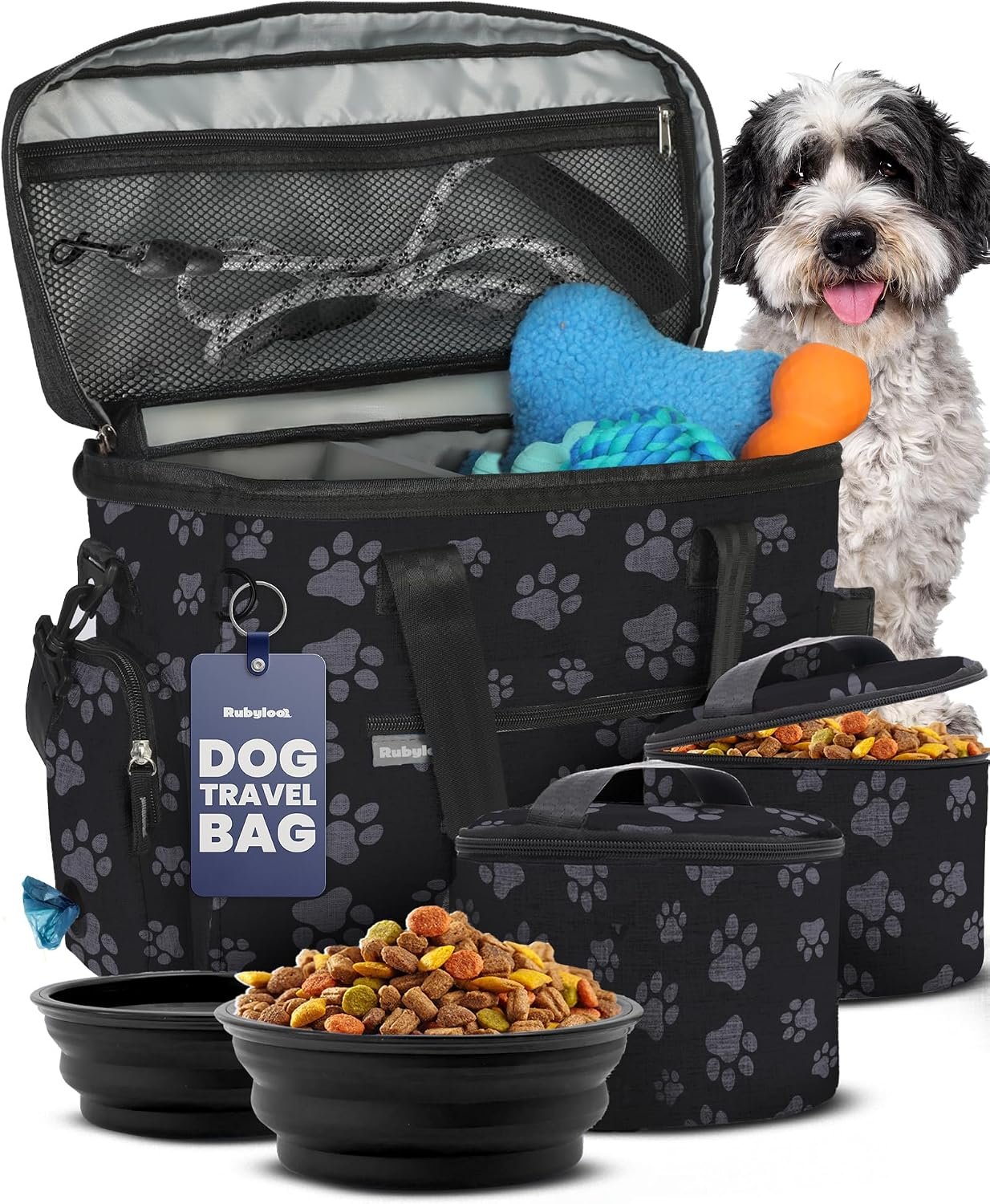 Original Doggy Bag™ Dog Travel Bag for Supplies with Travel Bowls | 2 BPA-Free Collapsible Bowls, 2 Pet Food Containers, TSA-Ready, Road Trips, Camping, Weekend Getaways, Doggy Gift, Paw Print