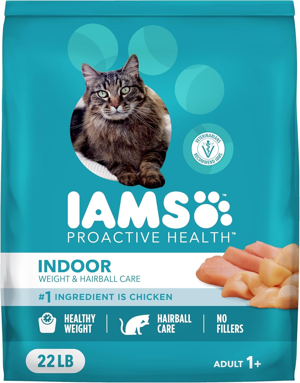 IAMS Proactive Health Indoor Dry Cat Food, Chicken & Turkey, 22 lb | Vet-recommended, Real Chicken #1 Ingredient, Proprietary Fiber Blend, Prebiotics for Healthy Digestion, Hairball Control