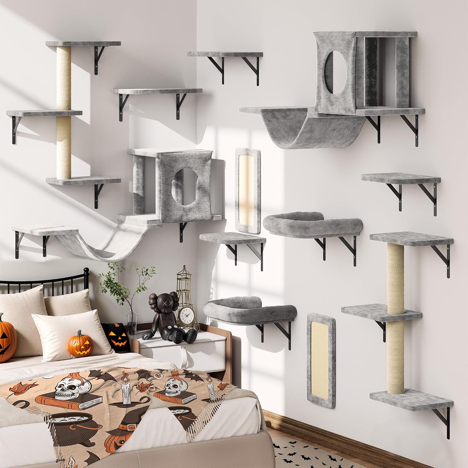 12-in-1 Cat Wall Shelves, Wall Mounted Cat Climber | with Condo House, Scratching Post, Bridge Ladder, Space-Saving Indoor Play Furniture for Kittens, Gray