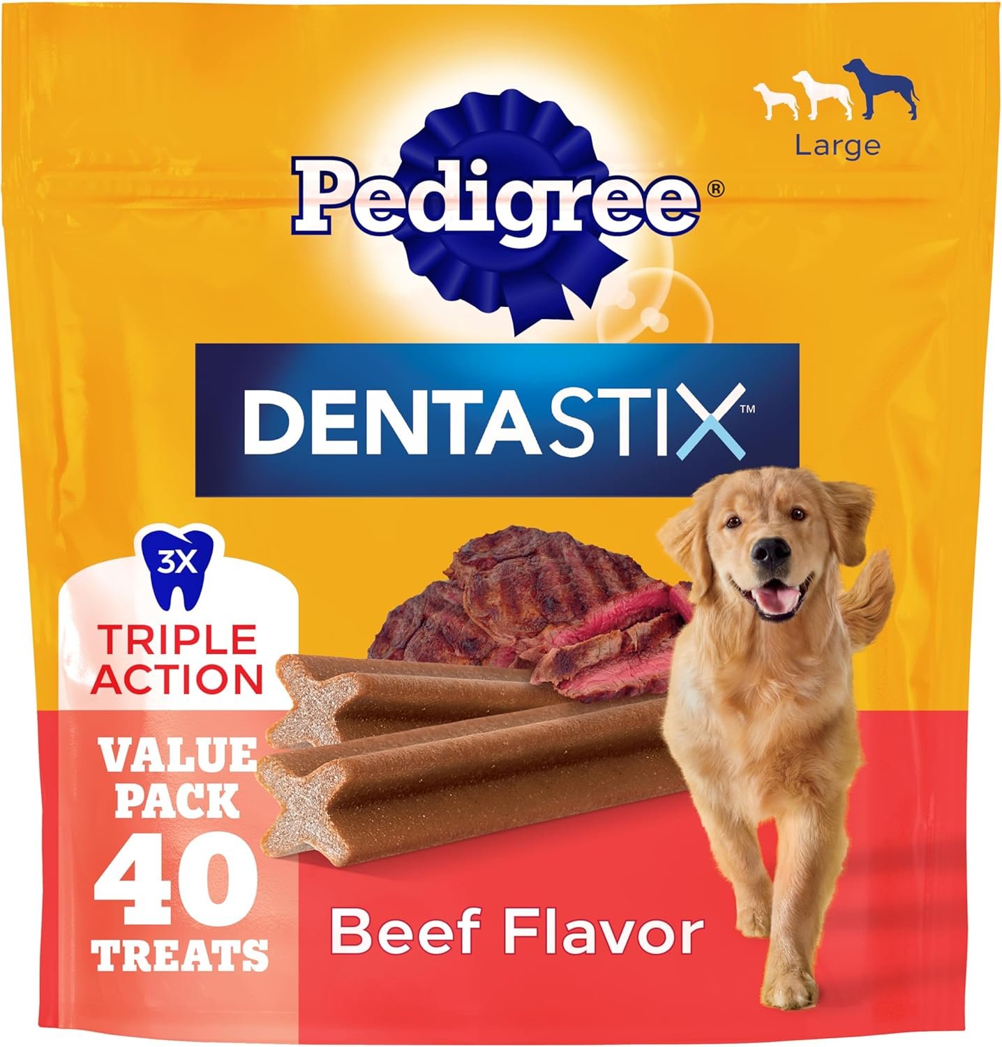 Pedigree Dentastix Large Breed Dental Dog Treats, Beef Flavor, 40 Count | Triple action dental care, reduces tartar, cleans teeth, freshens breath, for dogs 40+ lbs, no added sugar/fillers
