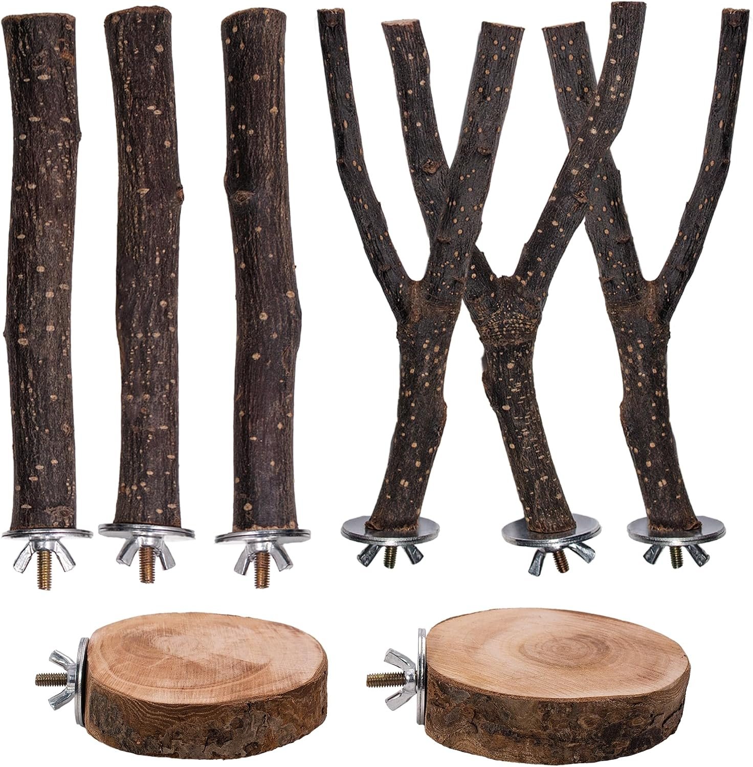 8PCS Bird Perches Set Natural Apple Wood Bird Cage Accessories Wooden Parrot Stand Hardwood Branches for Parakeets, Budgies, Cockatiels Small Bird Habitat Gym, Climbing Stand & Safe Chew Toys