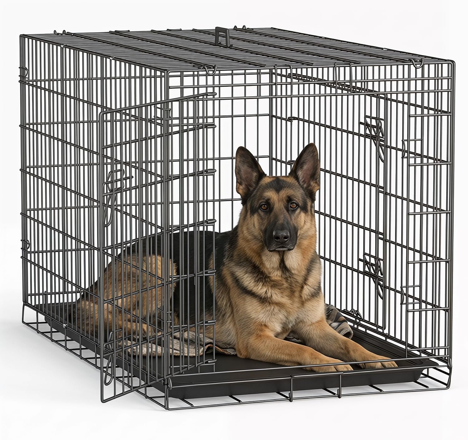 FDW | 48″ Foldable Metal Dog Crate | Dark Black | Cage for XL Dogs | Heavy Duty, Portable Wire Kennel with Double Door, Divider & Leak-Proof Tray | For Training, Home, Travel Indoor/Outdoor Use