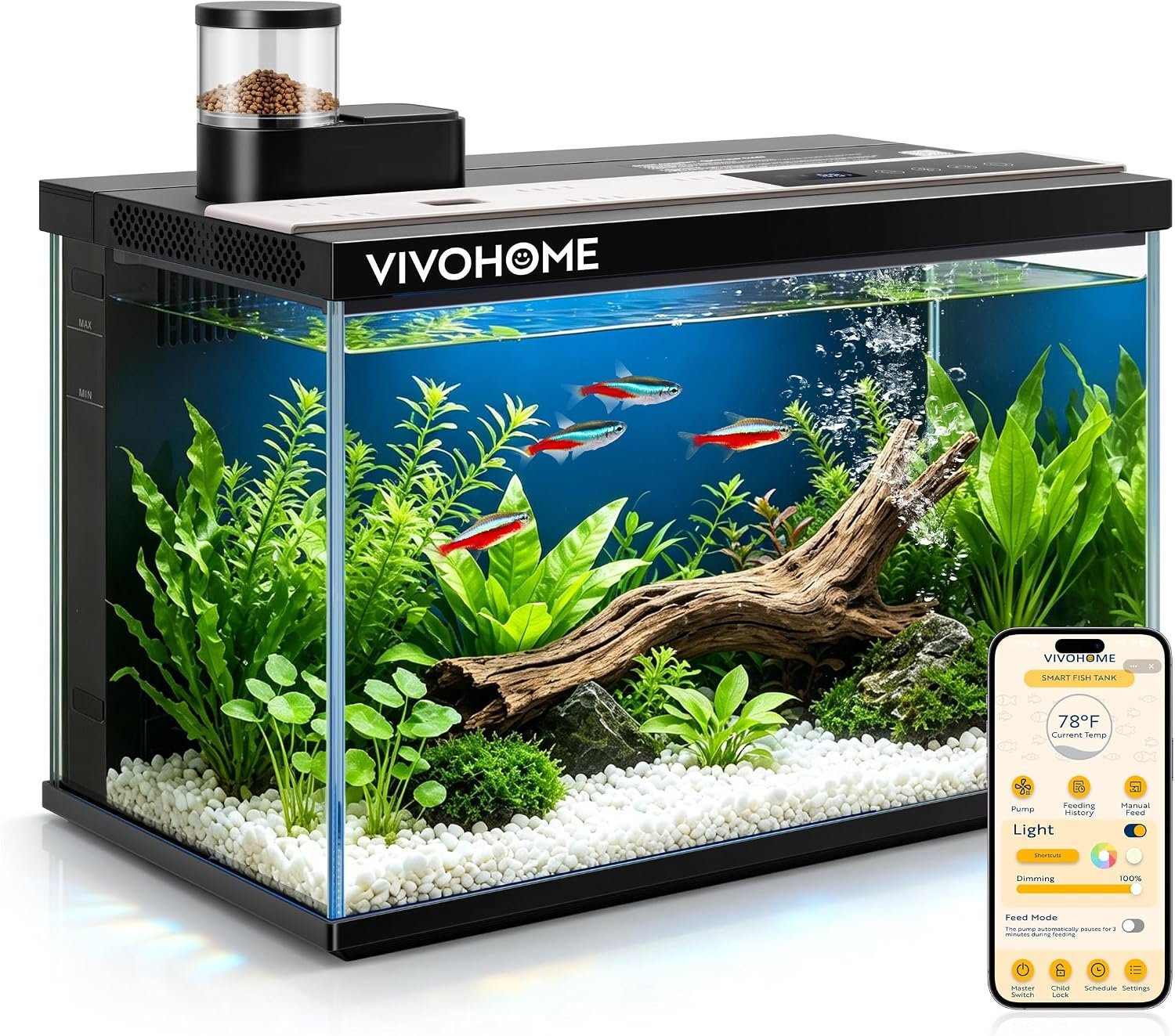 VIVOHOME 5 Gallon Smart Fish Tank with APP Control and Auto Feeder | Aquarium Starter Kit with Filter and Pump, Temperature Display, RGB LED Light, Self Cleaning Betta Fish Tank for Desktop