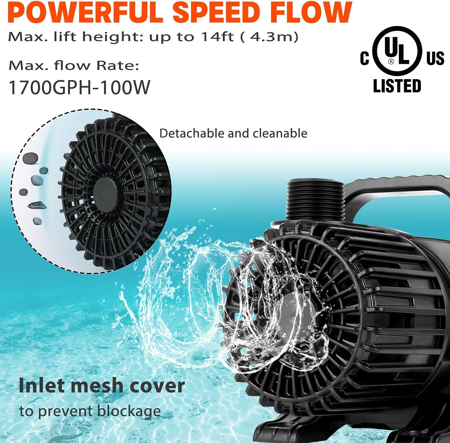 100W 1700 GPH Pond Pump, Ultra Quiet Heavy Duty Submersible Water Pump for Koi Ponds, Fountains, Aquariums & Waterfalls, 20.3 ft Power Cord, UL Listed