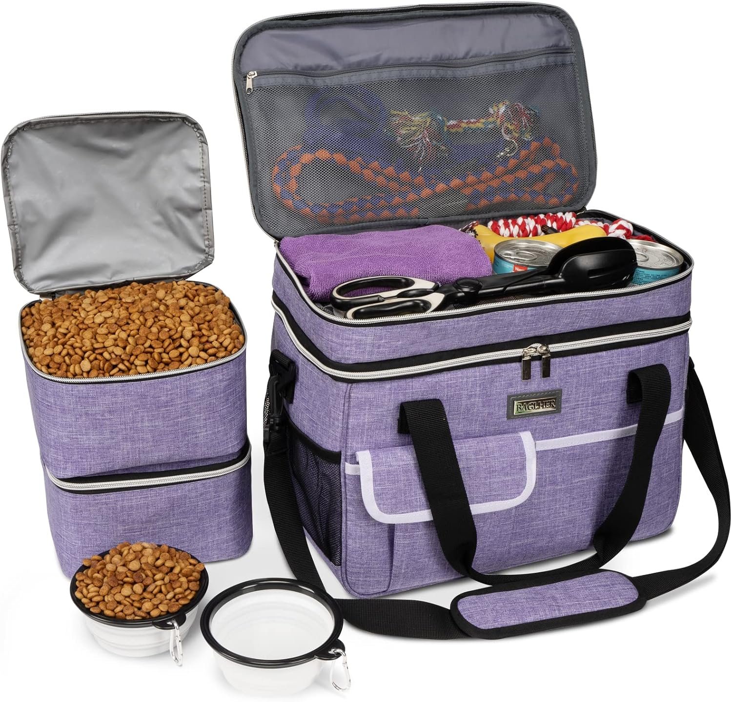 BAGLHER Dog Travel Bag for Supplies – Double-Layer Airline Approved Weekend Pet Travel Organizer Set for Dog and Cat Tote with 2 Pet Food Containers and 2 Collapsible Silicone Bowls Purple