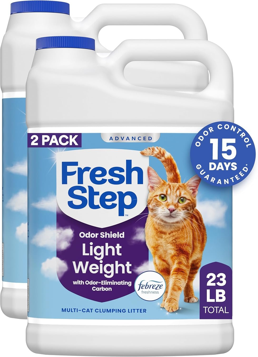 Fresh Step Advanced Odor Shield Light Weight Multi Cat Clumping Litter with Febreze Freshness, Ammonia Block Technology, 11.5 lb. Jug, Pack of 2 | Lightweight Clay Cat Litter, Jug, Easy to Lift and Pour, Scented with Febreze Freshness, Carbon for Strong Odor Control