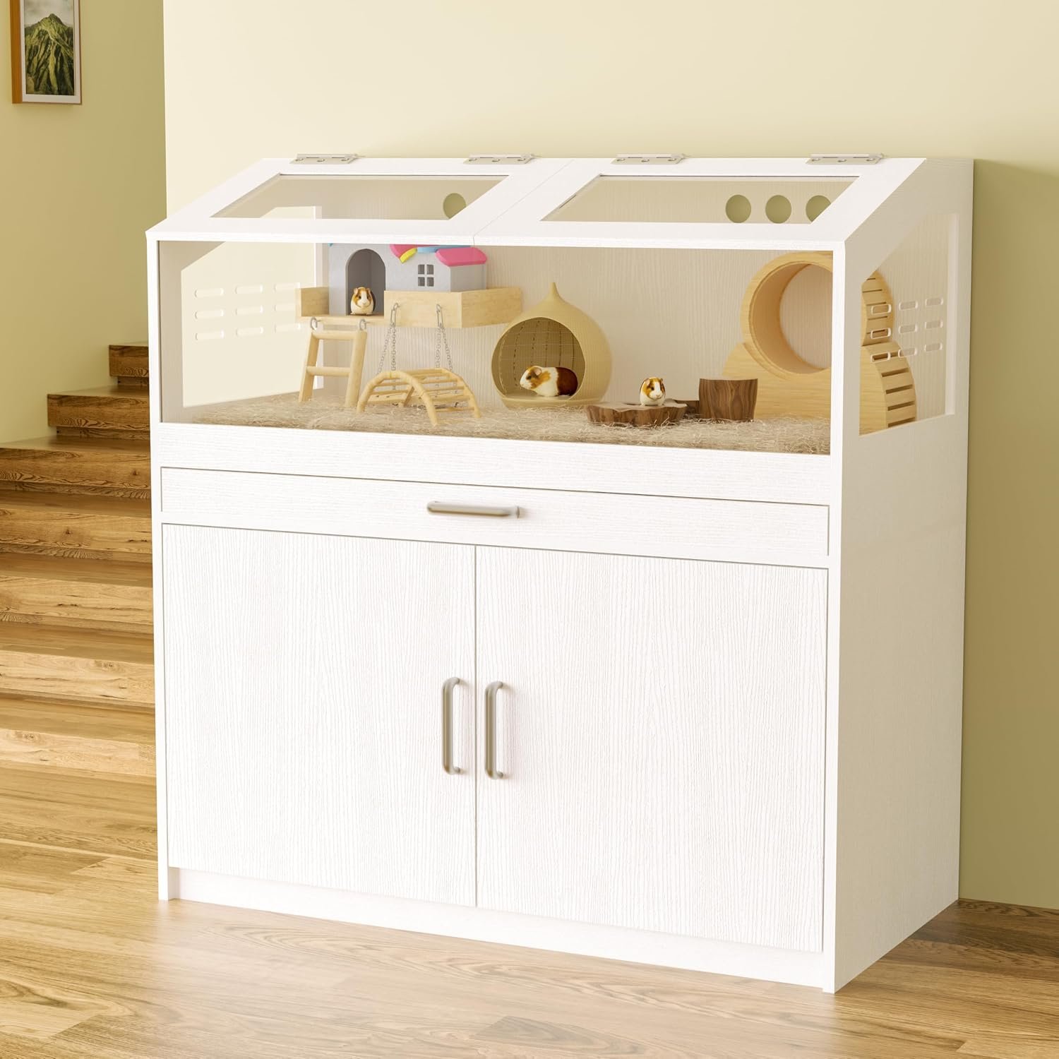 Betterhood Hamster Cage with Storage Cabinet, Guinea Pig Cage for Small Animals, Large Hamster Cage and Habitat with Easy View Acrylic Panels for Hamster, Rabbit, Guinea Pig, Hedgehog (39″x19″x40″)