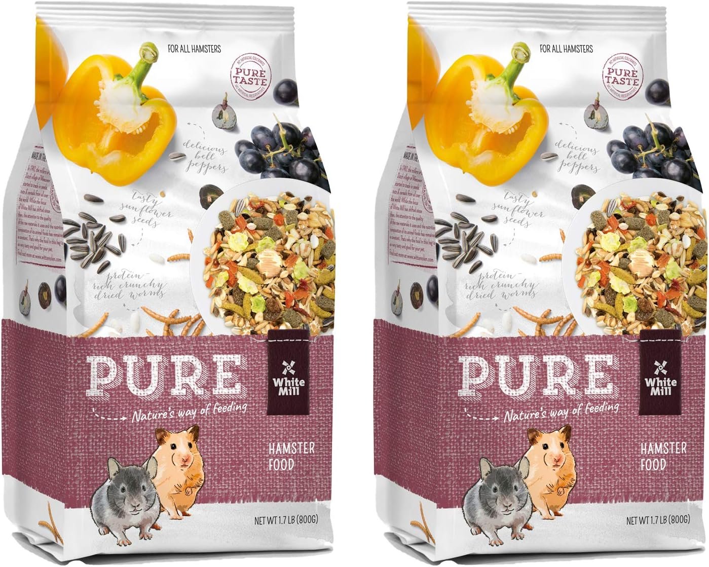 Witte Molen Pure Hamster Food Seed Mixture Mealworms, Sunflower Seeds, Puffed Rice, Grape Nuts, No Artificial Preservatives Dry Food, 1.7 lbs (2 Pack)