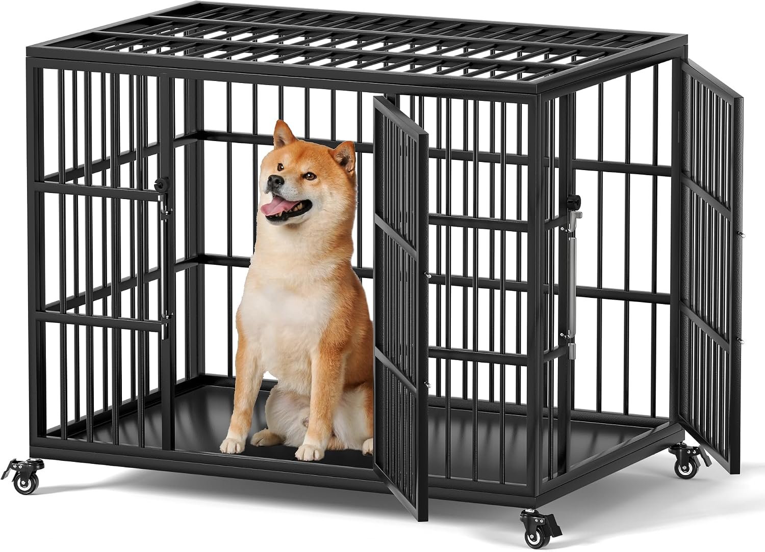 VERIFURTY 36 Inch Heavy Duty Dog Crate for Medium and Large Dogs with Self-Locking Latch, Escape-Proof Steel Dog Kennel Indoor, Double Door Metal Pet Cage with Wheels and Removable Floor
