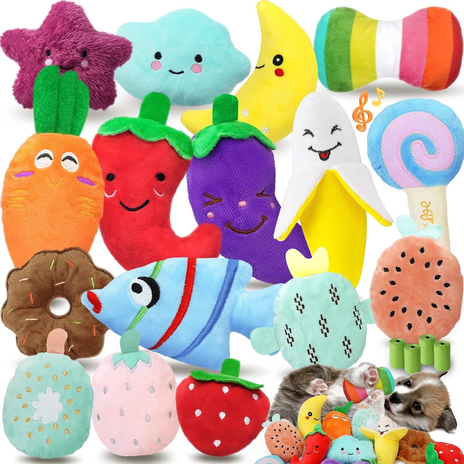 20-Pack Plush Squeaky Dog Toys for Small Dogs | 16 Plush Toys,4 Dog Bags,Built-In Squeakers,Keeps Dogs Busy,Boredom Relief