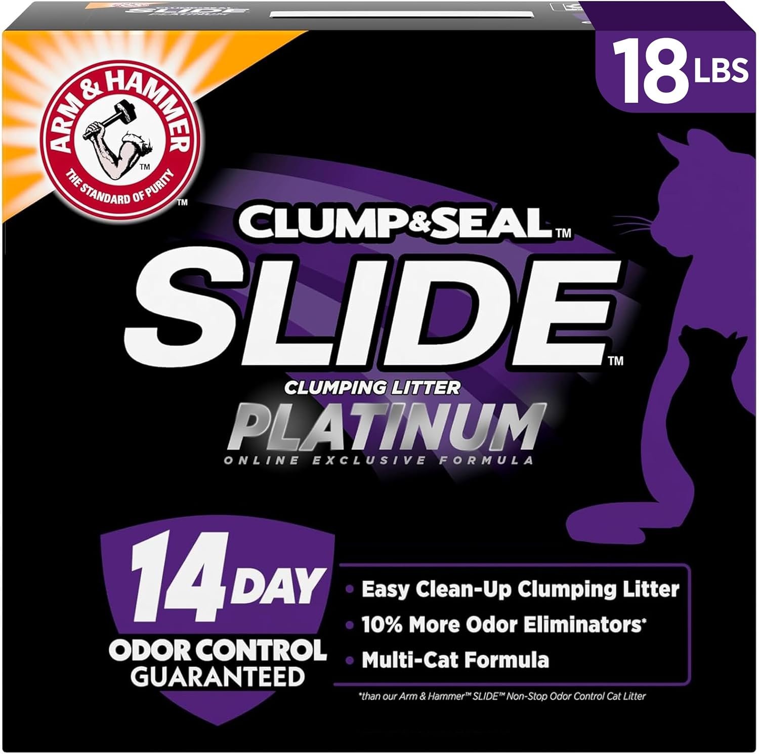 ARM & HAMMER Slide Platinum Easy Clean-Up Clumping Cat Litter, 18 lbs | 24/7 Odor Control, Triple-Action Freshness, Non-Stick, Easy Clean Up, Low Tracking, Multi-Cat Formula, Scented