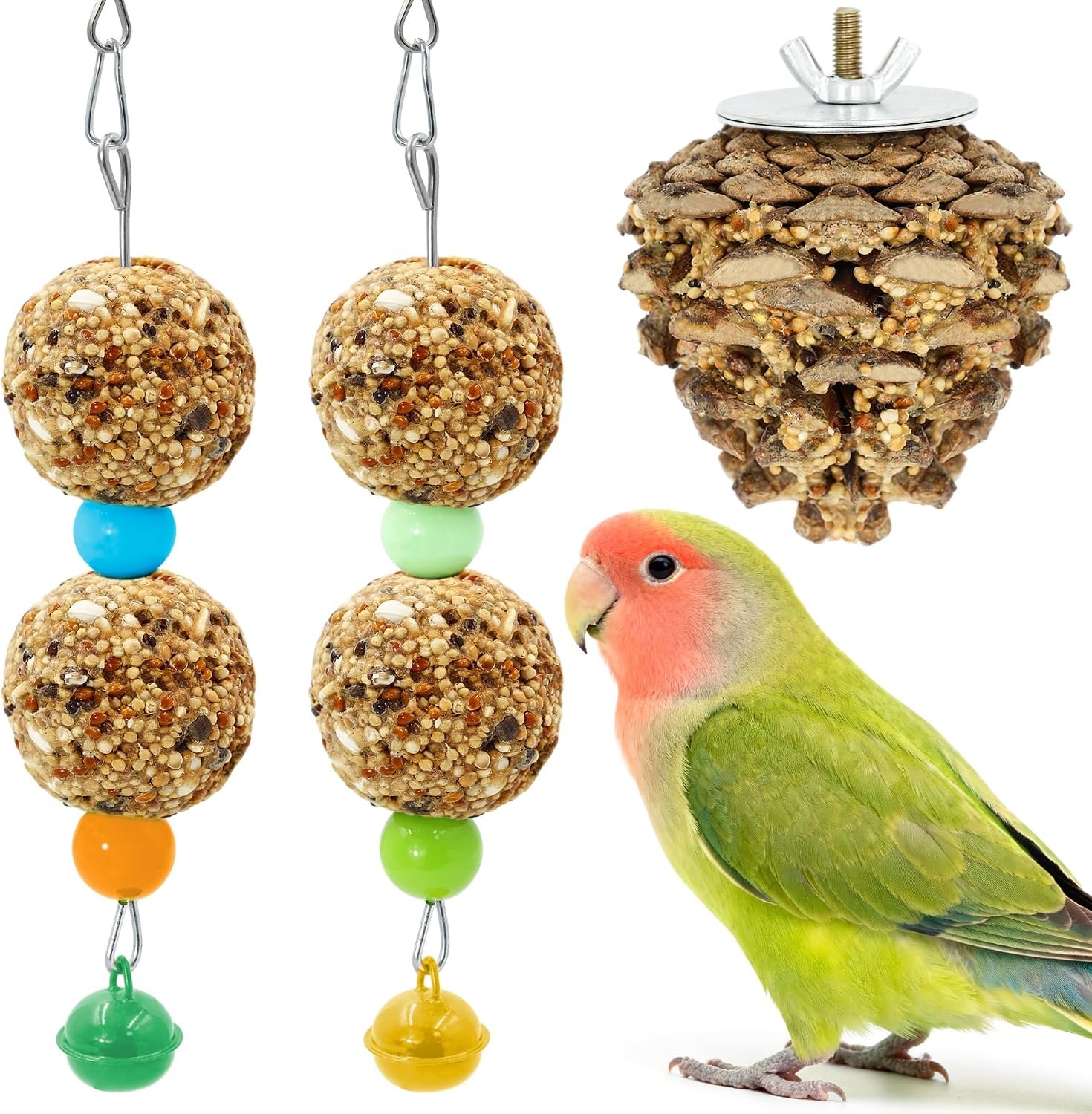 3PCS Parakeet Treat, Natural Grain Sticks for Beak Care & Nutrition | Pine Cone & Grain Style Sticks, No Mess Bird Snacks Treats with Bell for Cockatiel Lovebirds Budgies Keep Active