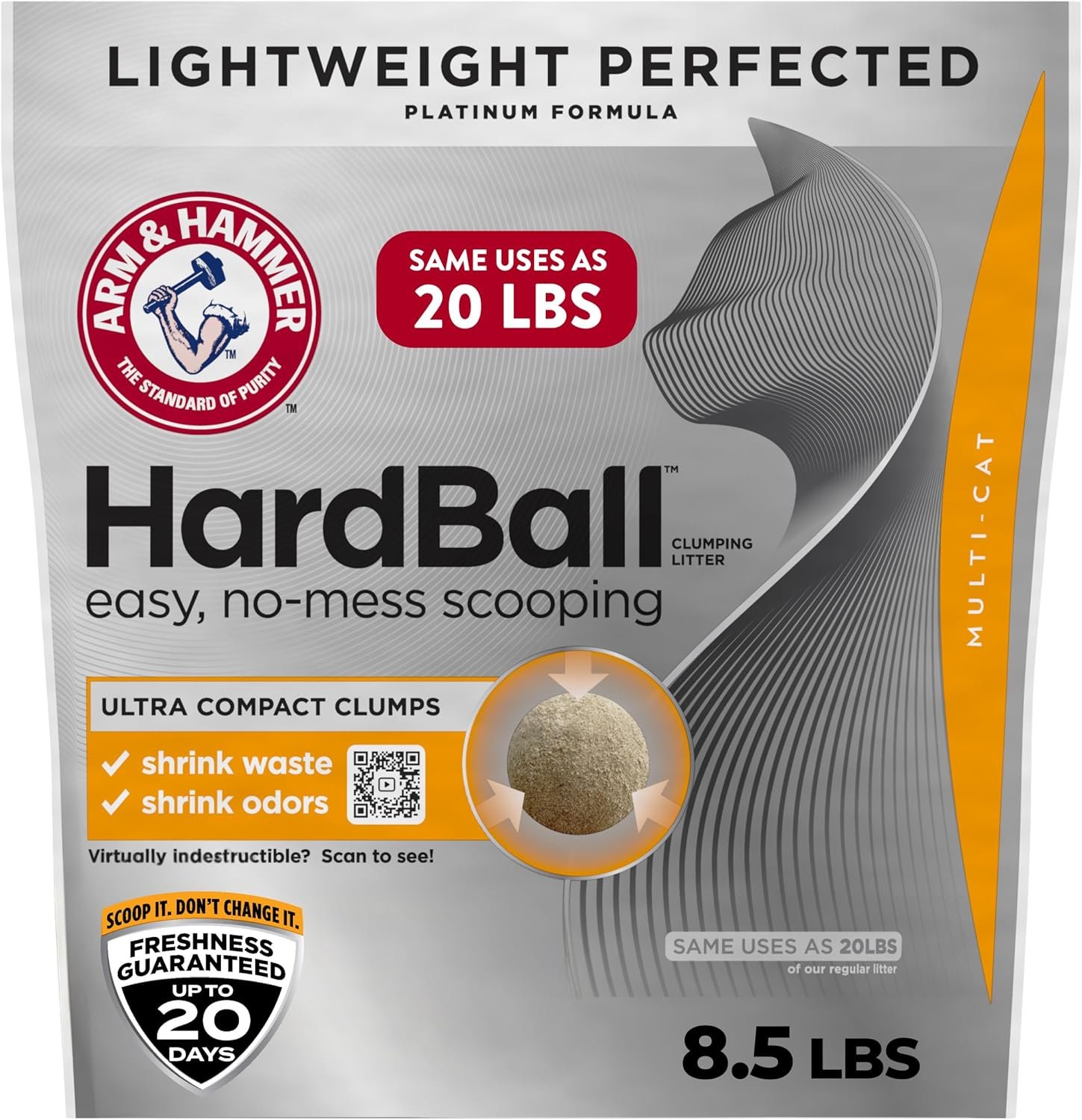 ARM & HAMMER HardBall Lightweight 5-in-1 Clumping Cat Litter, 24/7 Odor Control, Long-Lasting Non-Clay & 99.9% Dust-Free Multi-Cat Formula, Garden Bloom Scent, 8.5 Lbs