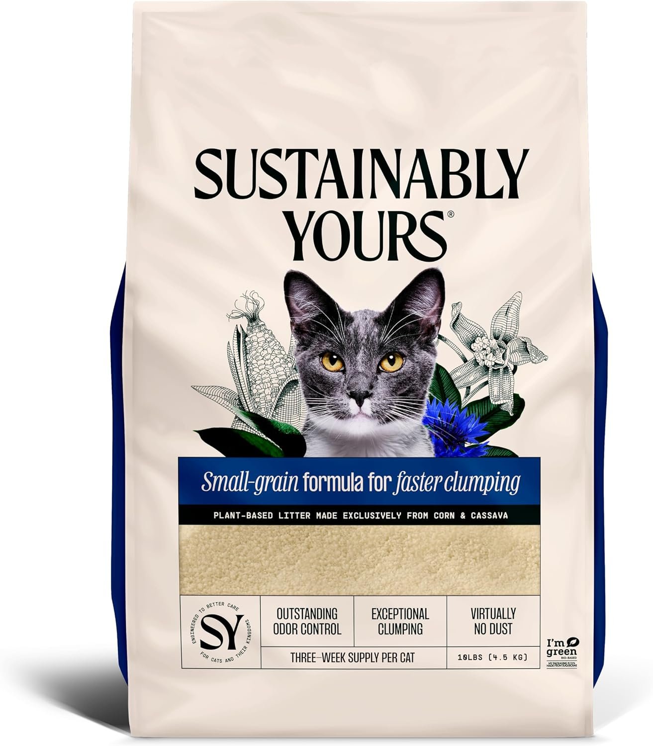 Sustainably Yours Natural Cat Litter, Small-Grain Formula, Exceptional Clumping & Odor Control, Virtually No Dust, Soft on Paws, Corn & Cassava Plant-Based, Unscented, 10 lbs