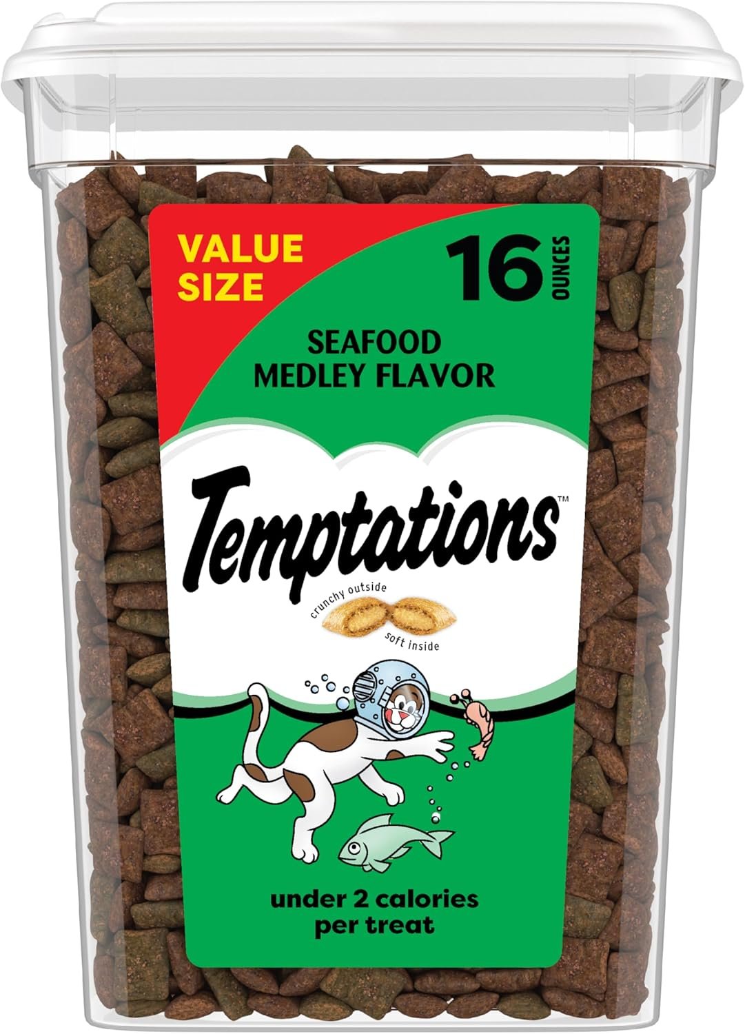 Temptations Classic Crunchy and Soft Cat Treats, Seafood Medley, 16 oz | Under 2 calories per treat, 100% complete & balanced for adult cats, resealable tub, use as snack, meal, or food topper