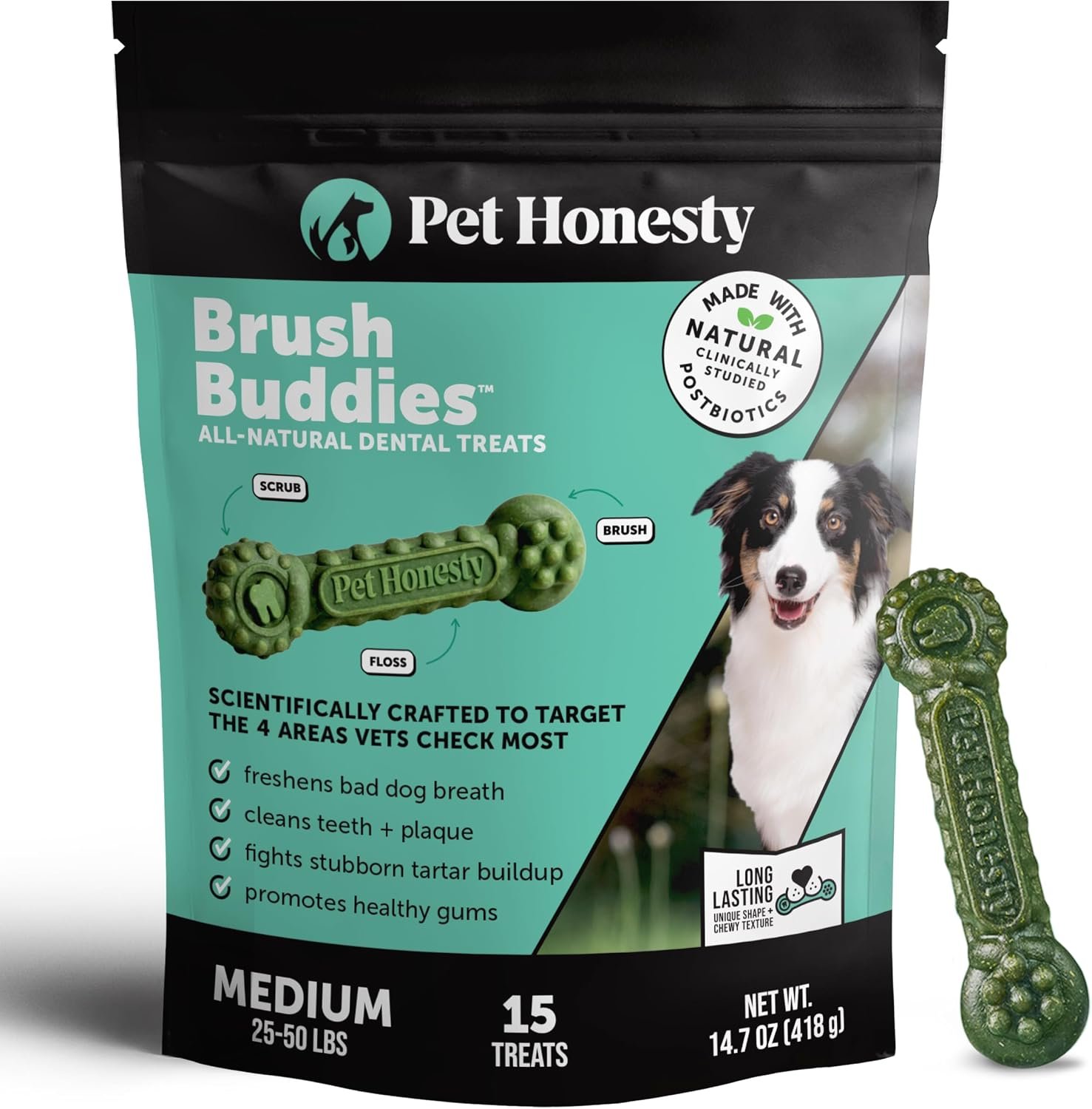 Brush Buddies Long Lasting Dog Dental Chews – All Natural Dental Sticks for Teeth Cleaning Plaque Off + Tartar Remover for Dogs – Dog Dental Treats + Breath Freshener – Medium Sized Dogs (15 Count)
