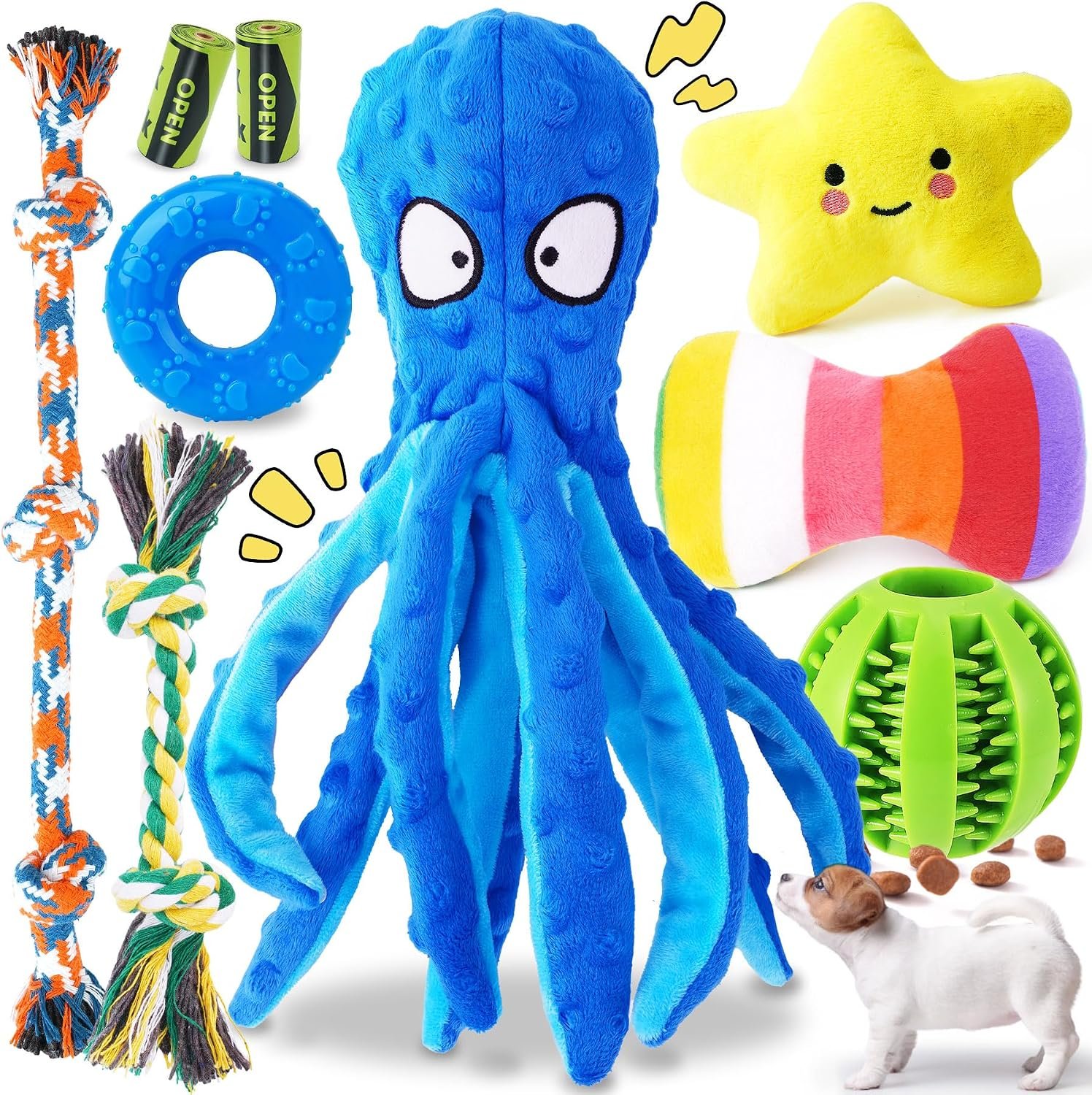KIPRITII 9 Pack Puppy Toys Set for Small Dogs, Teething & Interactive Play | No-Stuffing Octopus-Shaped Toy, Squeaky & Crinkle Sounds, Interactive Tugging, Keep Dogs Busy, Indoor & Outdoor Play