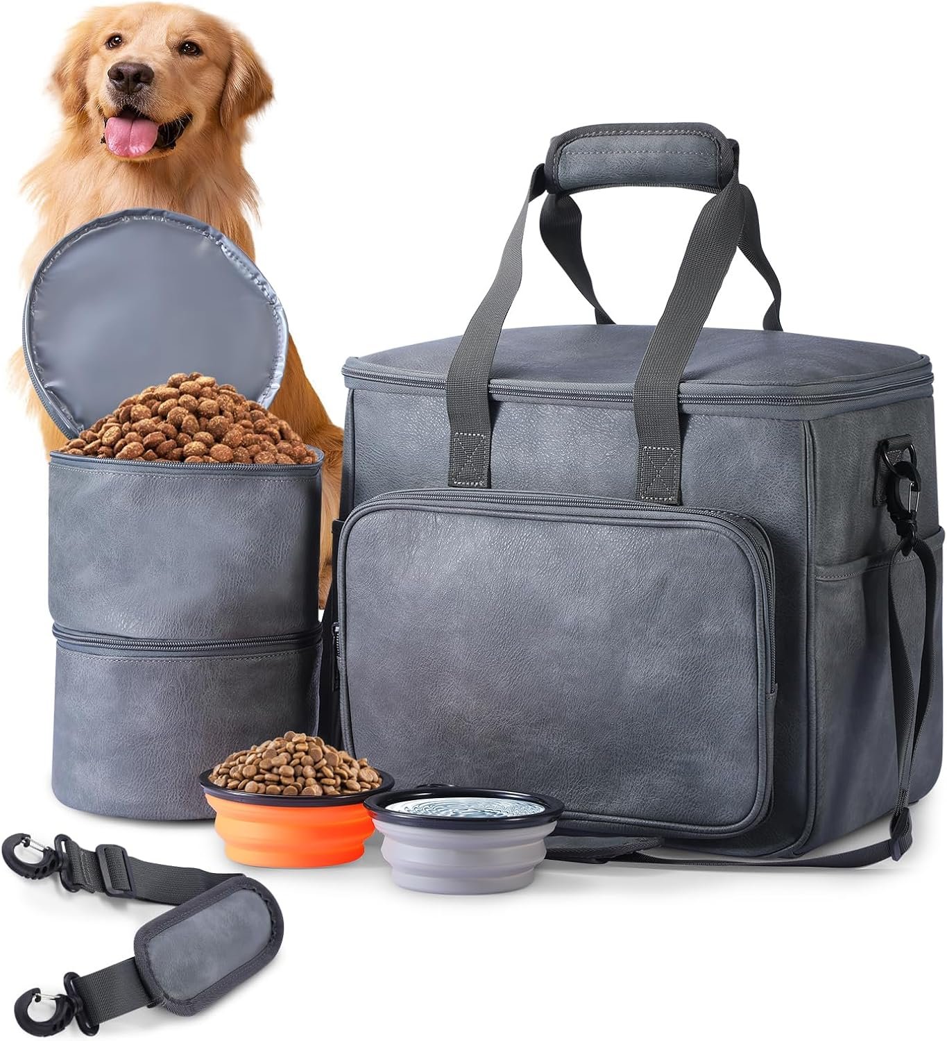 Dog Travel Bag, Leather Travel Pet Bag Set for Dog and Cat, Airline Approved Tote Organizer with Multi-Function Pockets, 2 Food Storage Containers, 2 Collapsible Bowls