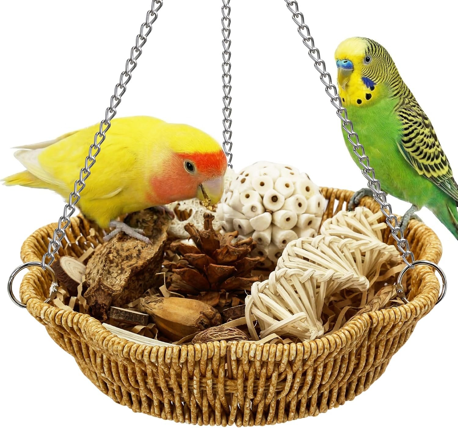 20Pcs Bird Foraging Toy Set with Hanging Basket, Natural Shredding | Chew Enrichment Toys for Parrots Cockatiels, Budgies, Parakeets, Cage or Floor Puzzle Foraging Toys for Mental Stimulation