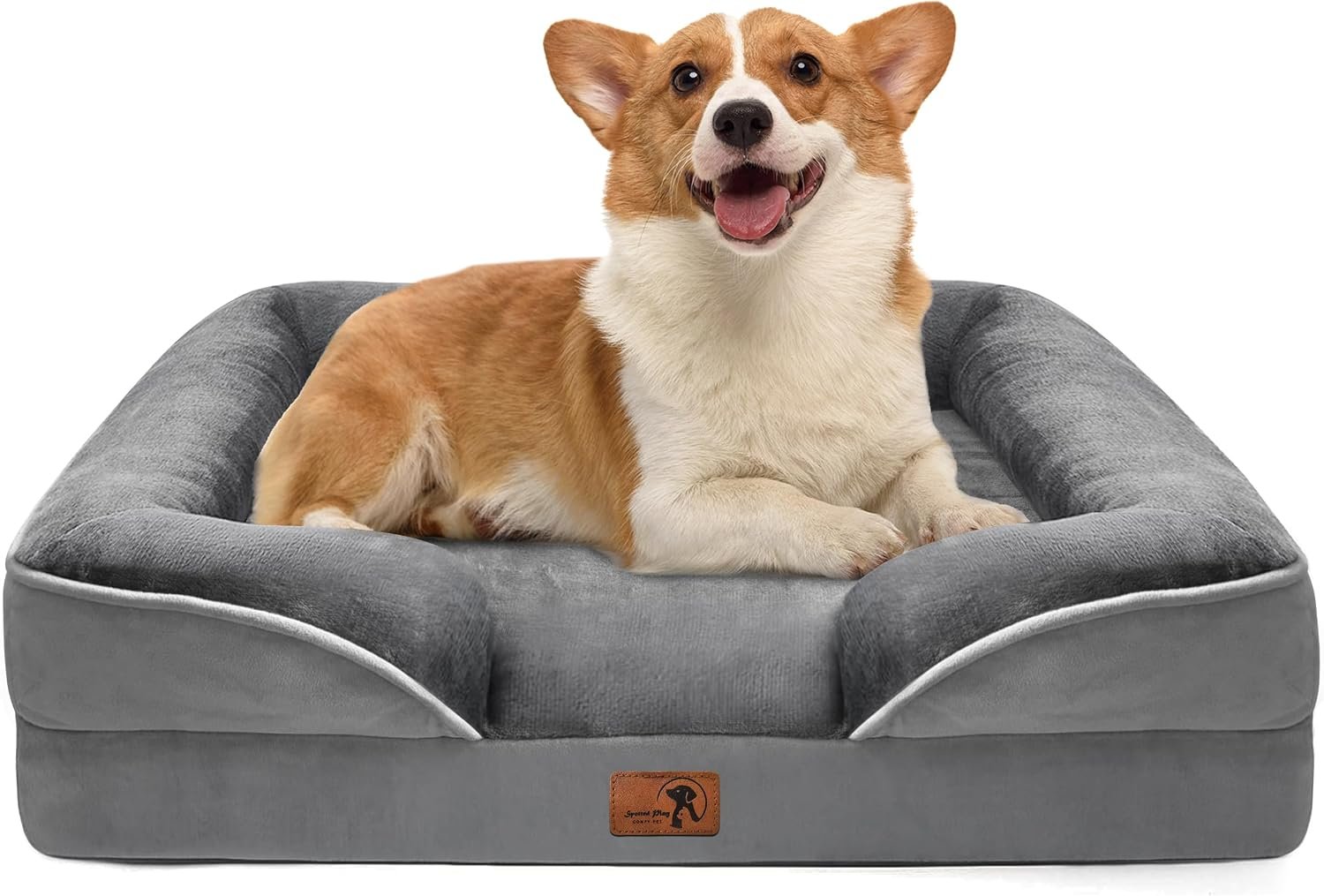 Spotted Play Orthopedic Dog Bed with Sides – Dog Sofa Beds for Medium Dogs, Supportive Foam Pet Couch Bed with Washable Removable Cover, Waterproof Lining and Non-Slip Bottom, Grey – M
