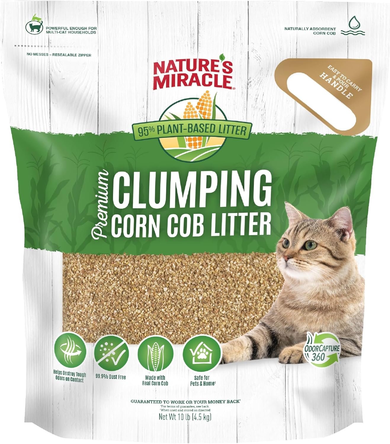 Nature’s Miracle Premium Clumping Corn Cob Cat Litter, 10 lbs | Bio-Enzymatic Formula Detroys Tough Odors, 99.9% Dust Free, Premium Clumping Formula Aborbs Liquid, Resealable Bag
