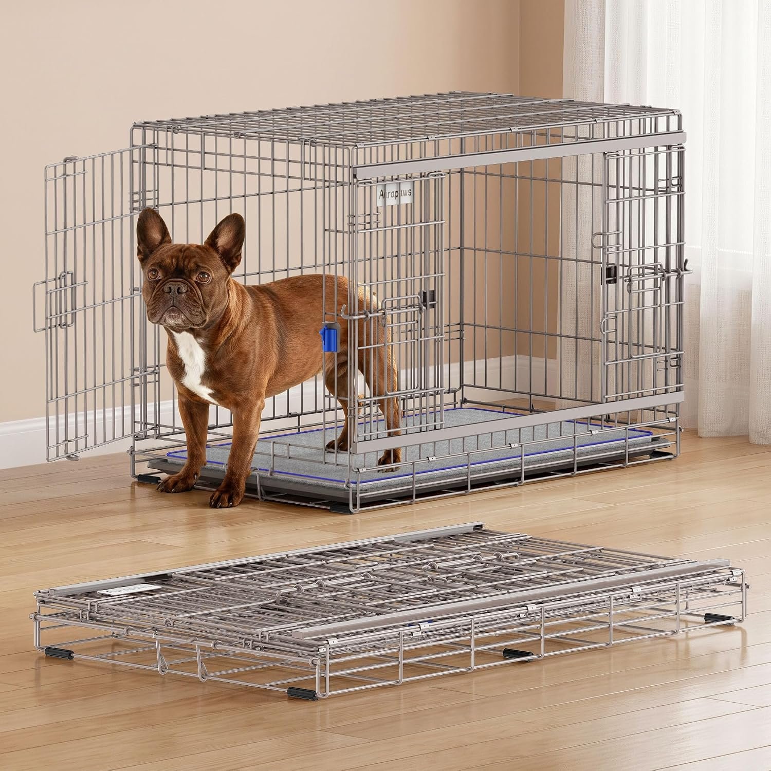36 Inch Collapsible Dog Crate for Medium Dogs Heavy Duty Dog Kennel | Sliding Door, Double Door, with Soft Mat, Leak-Proof Tray, Easy Foldable & Assembly