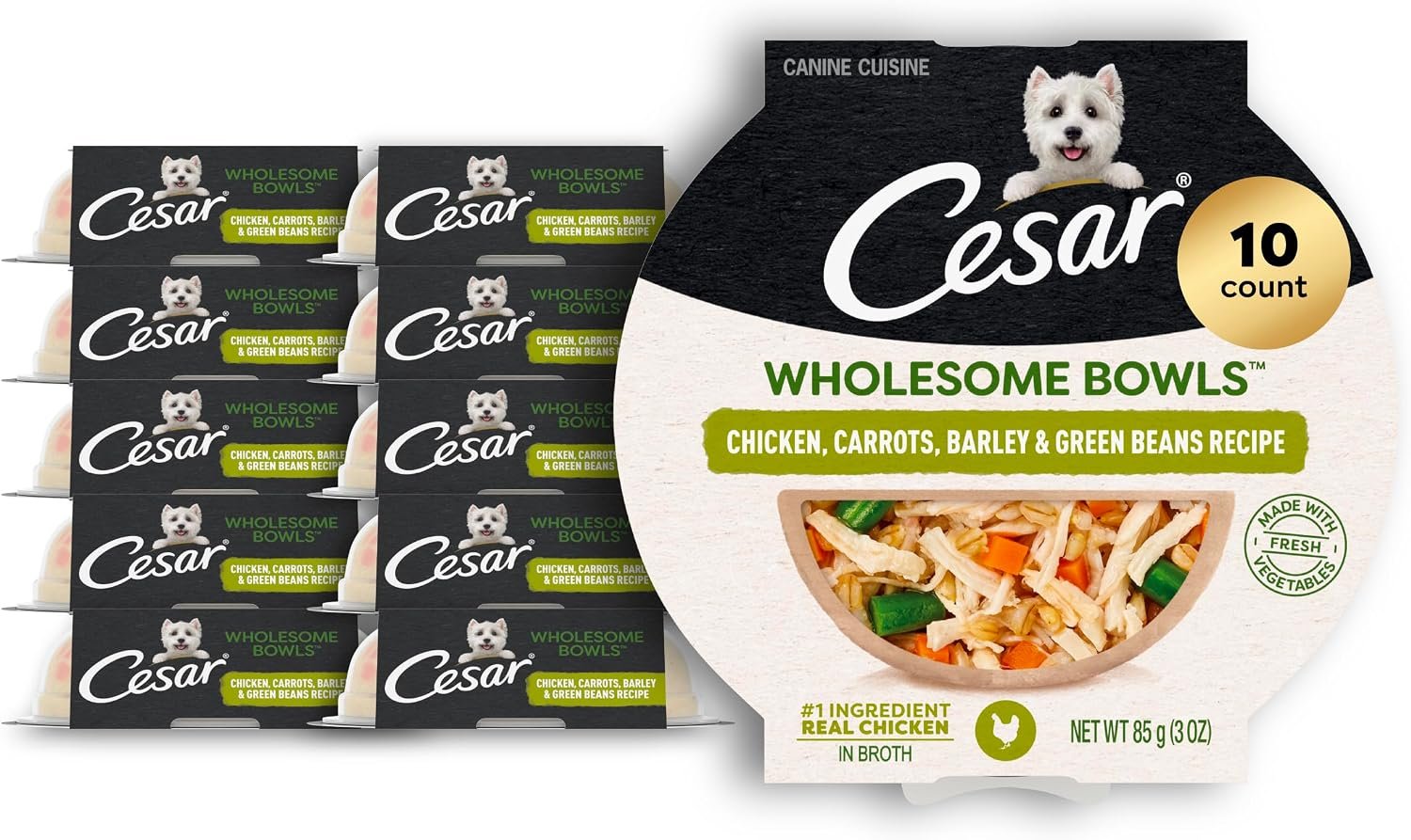 Cesar Wholesome Bowls Wet Dog Food, Chicken & Green Beans, 3 oz, 10 Count | Real chicken #1 ingredient, slow-cooked, 10 key ingredients, no by-products or artificial flavors, easy to digest