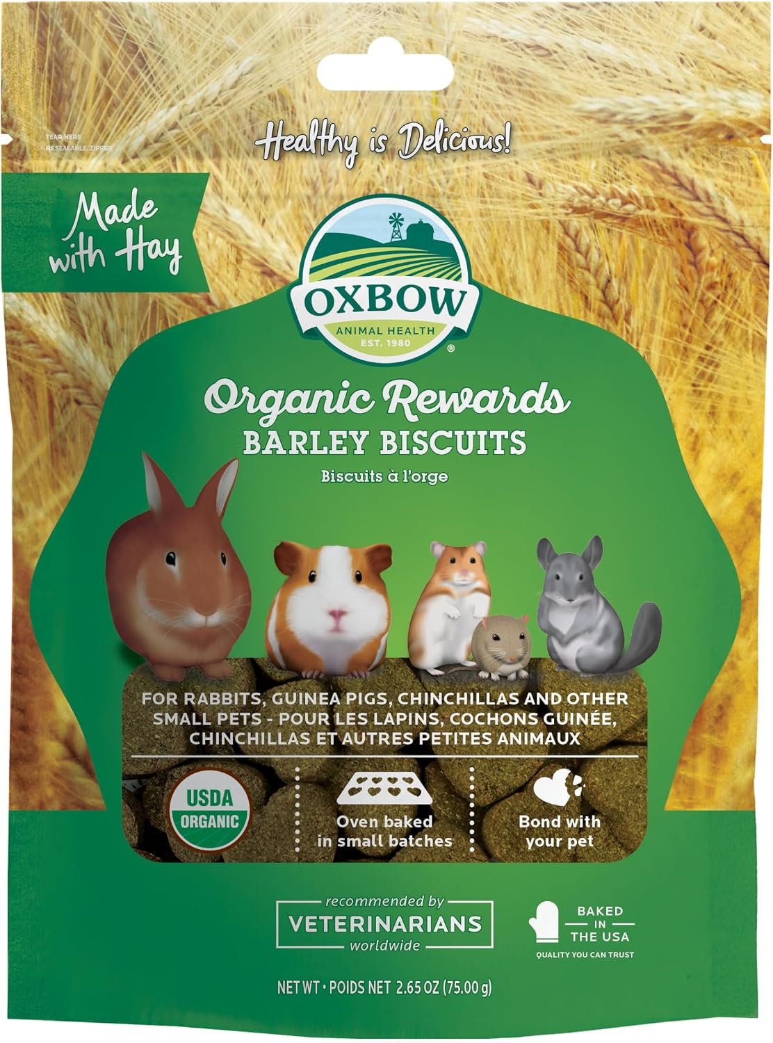 Oxbow Organic Barley Biscuits Rabbit Treats, Guinea Pig Treats, 2.65 oz | Organic Bunny Treats With Barley, Apple & Carrot For Rabbits, Guinea Pigs, Hamsters & Chinchillas, Made In USA
