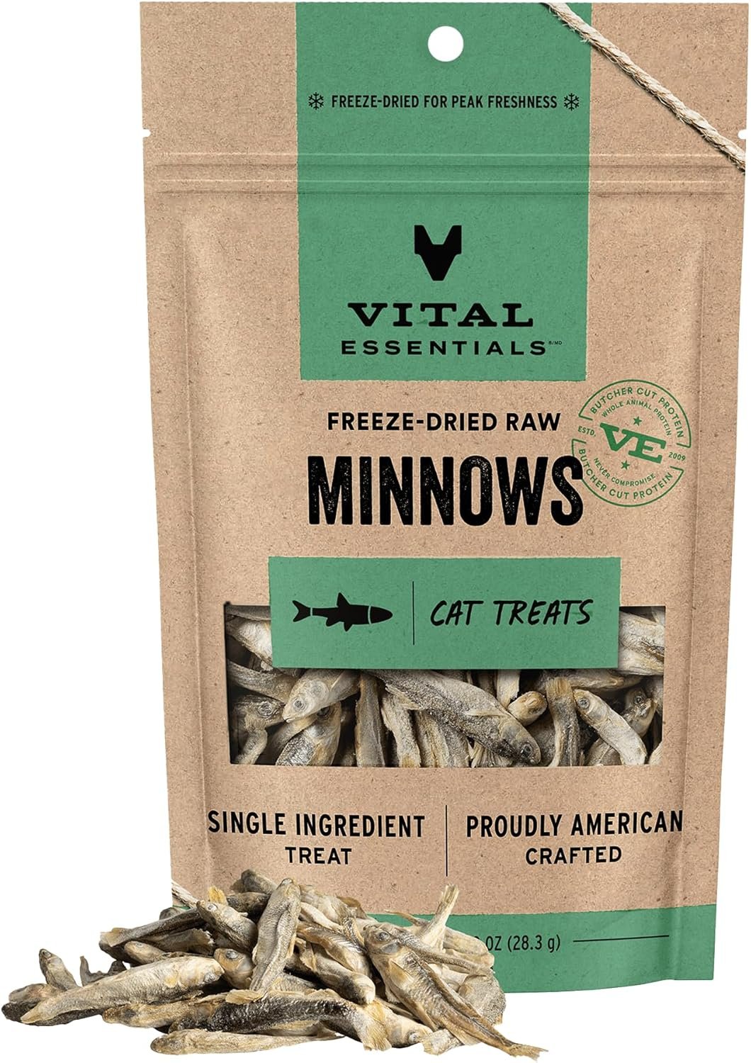 Vital Essentials Freeze Dried Minnows Cat Treats, 1.0 oz Bag | Single Ingredient, Premium Quality Protein, Grain Free, Healthy Treats, USA Made with U.S. & Globally Sourced Ingredients