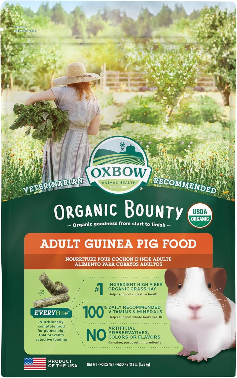 Oxbow Organic Adult Guinea Pig Food, Guinea Pig Pellets, Vitamin C, 3 lb | Organic Timothy Hay-Based Guinea Pig Pellets, Stabilized Vitamin C, Uniform Diet, Omega 3 & 6, Antioxidants, Made in USA