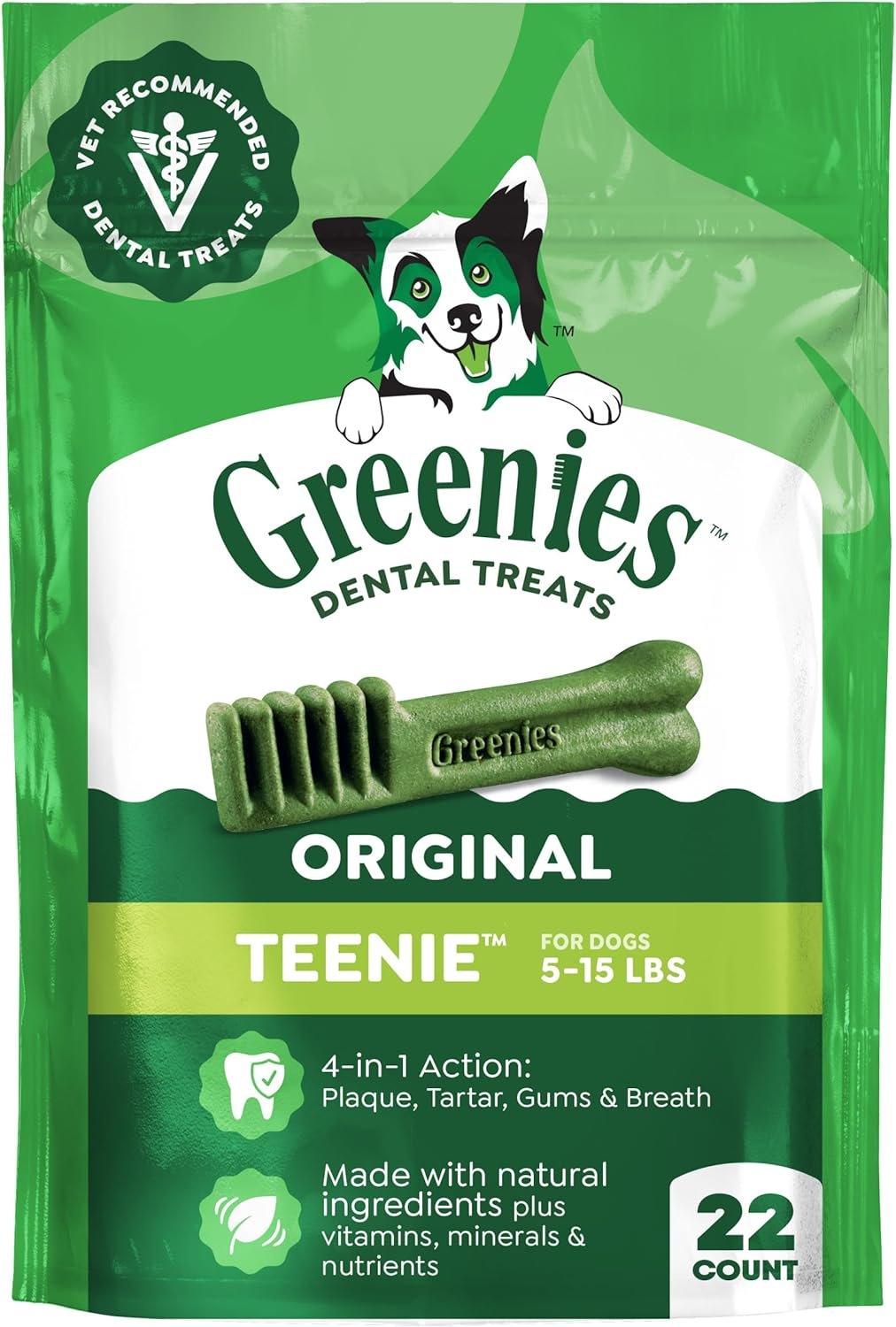 Greenies Teenie Original Natural Dental Dog Treats, Chicken, 22 Count | Vet-recommended, cleaner teeth after 28 days, cleans to gumline, for dogs 5-15 lbs, original chicken flavor