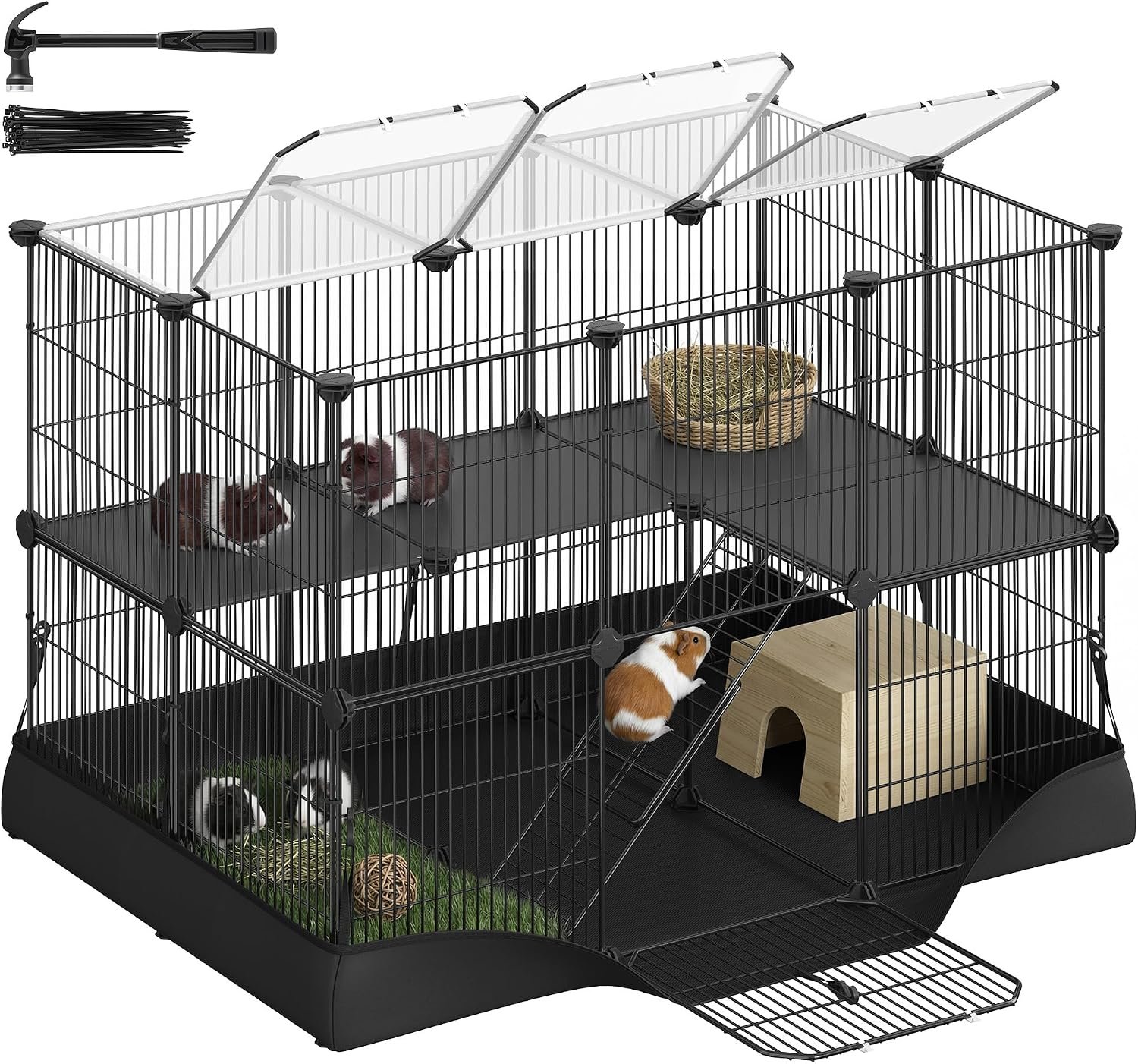SONGMICS 2-Tier Guinea Pig Cage, Rabbit Cage, Small Animal Playpen with Waterproof Mat, Top and Side Door, 35 Panels, 36.6 x 24.8 x 24.2 Inches, Ink Black ULPI016BH01