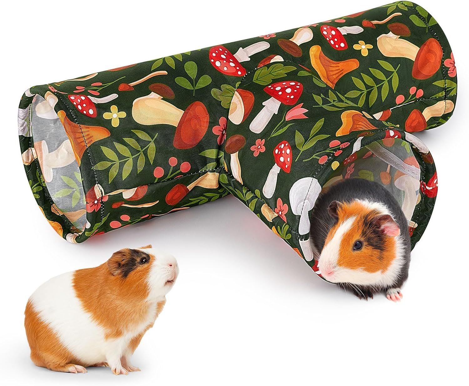 Bienbee Guinea Pig Tunnel, 3 Way Washable Guinea Pig Hideout,Foldable Rabbit Tunnel Guinea Pigs Toys for Bunny Hamster Chinchilla Ferret Rabbit Guinea Pigs Accessories Mushroom | Guinea Pig Hideout, Portable Tubes with Cute Print,High Dense Fabric for Small Pet’s Hiding Resting Playing and Exploring