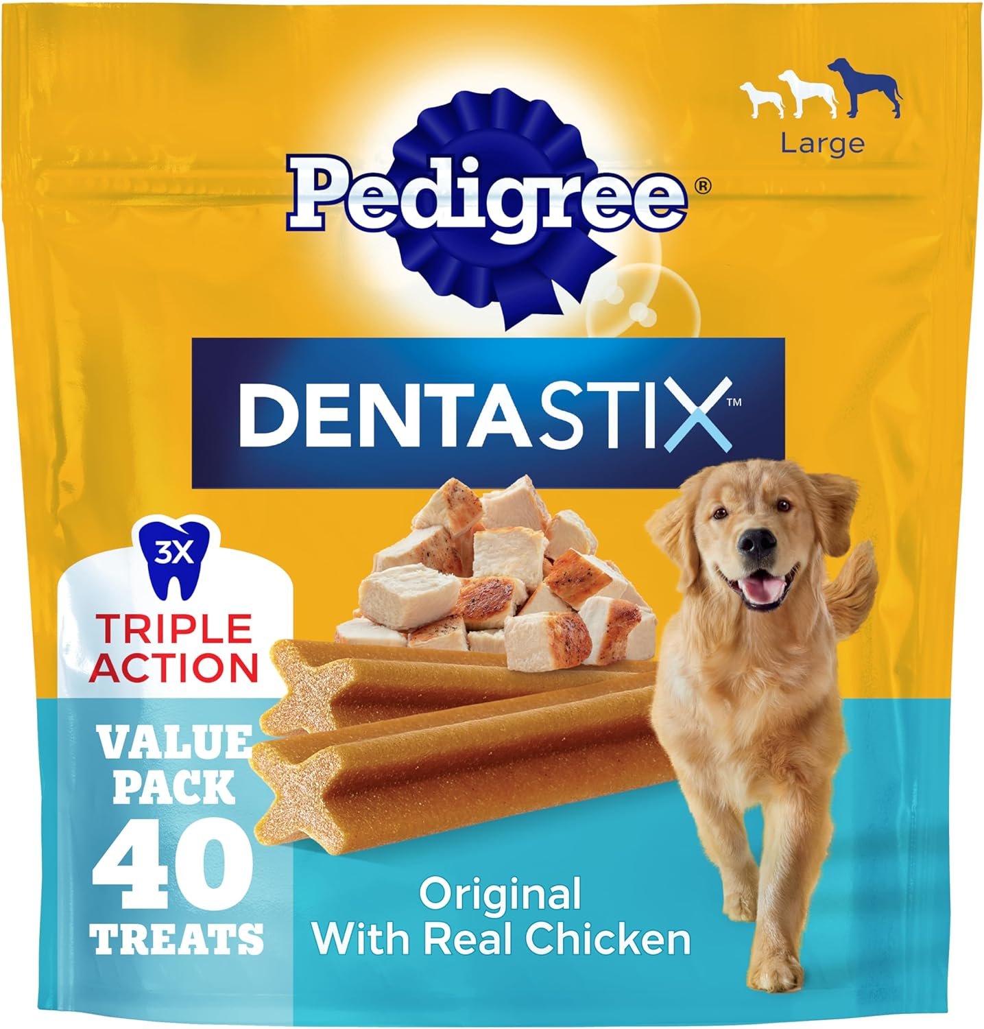Pedigree Dentastix Large Breed Dental Dog Treats, Original, 40 Count | Triple action dental care, reduces tartar, cleans teeth, freshens breath, for dogs 40+ lbs, no added sugar/fillers
