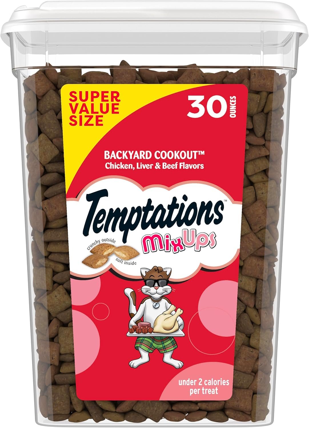Temptations MixUps Crunchy and Soft Cat Treats, Cookout Flavor, 30 oz | Chicken, liver & beef flavors, under 2 calories per treat, 100% complete & balanced for adult cats, resealable stay-fresh tub