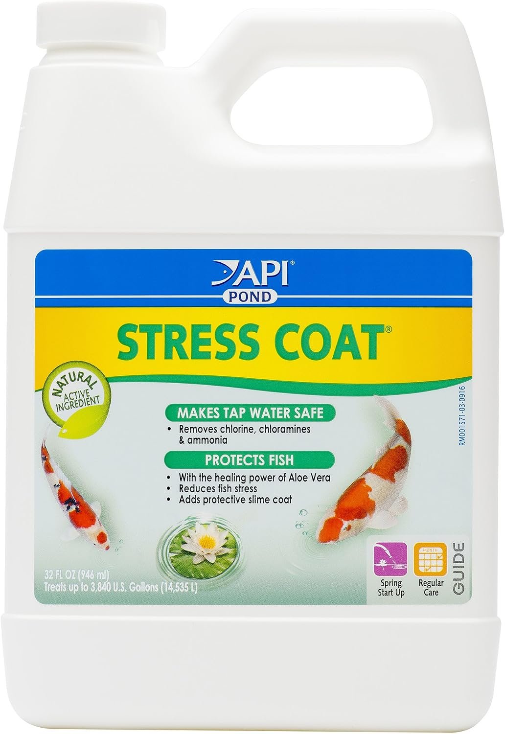 API POND STRESS COAT (32 fl oz) Pond Water Conditioner – Quickly Makes Tap Water Safe for Fish & Plants – Up to 3840 Gallons – Removes Chlorine, Ammonia & More – Aloe Vera – Natural Active Ingredient