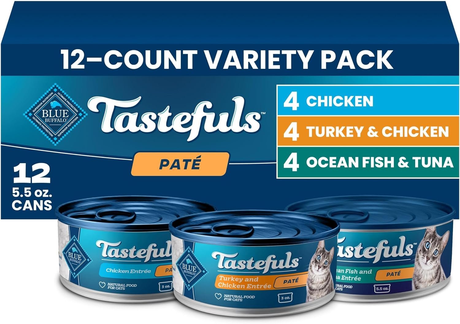 Blue Buffalo Tastefuls Variety Pack Paté Wet Cat Food, 5.5 oz, 12 ct | Chicken, Turkey & Chicken, Ocean Fish & Tuna Entrées, Paté Style, No Corn, Wheat, or Soy