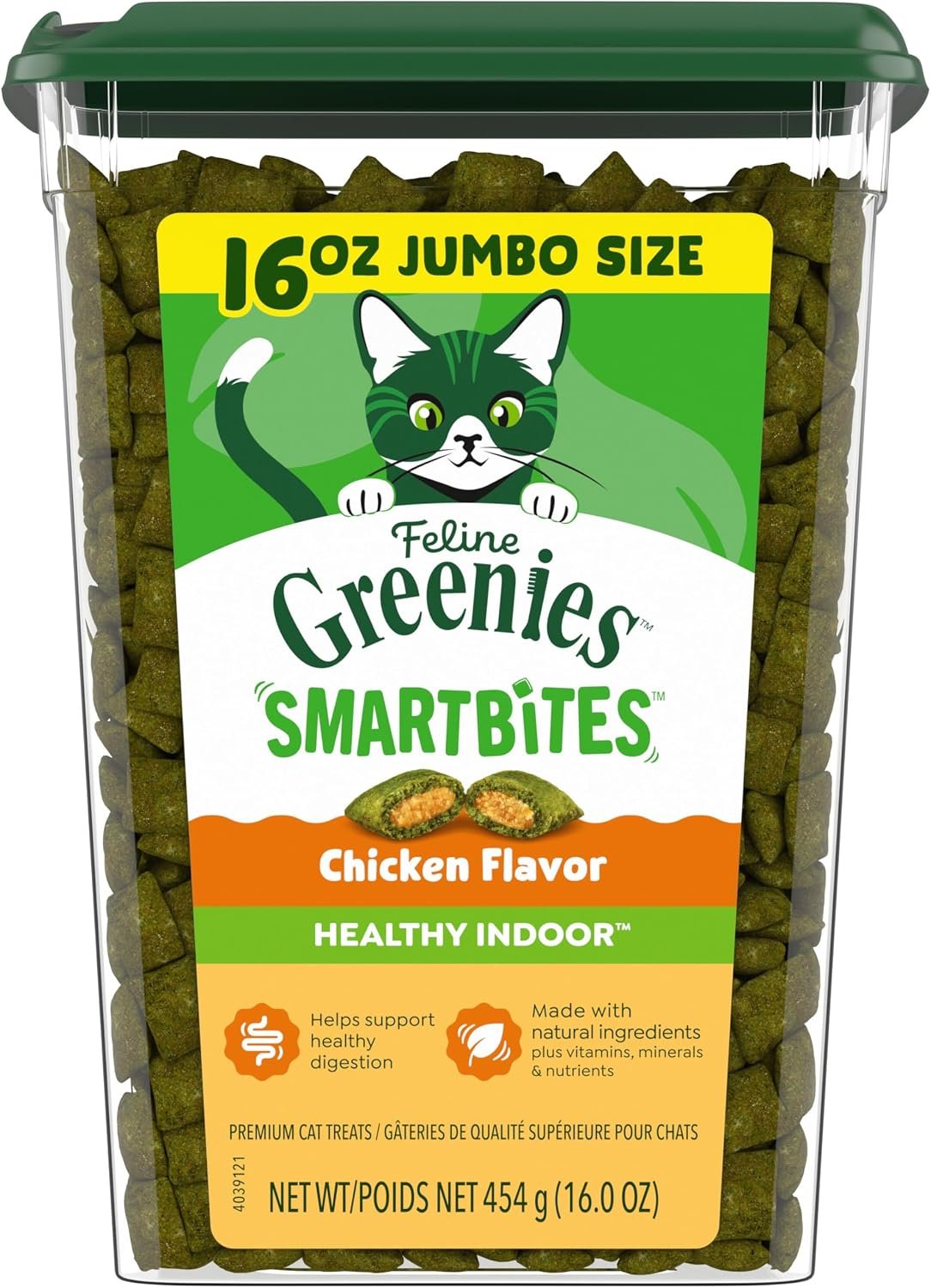 Greenies Feline Smartbites Healthy Indoor Cat Treats, Chicken, 16 oz | Veterinarian-recommended, Fiberblend Formula, supports digestion, under 2 cal per treat, natural ingredients, dual texture
