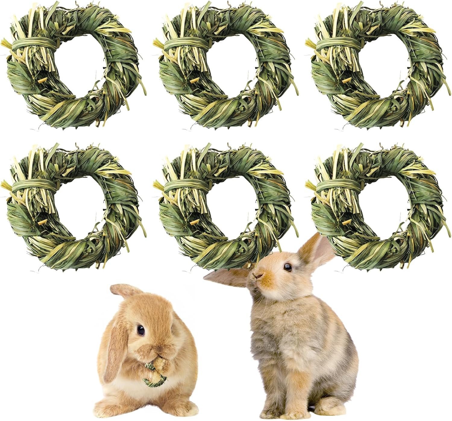 6PCS Timothy Hay Toy for Rabbits Bunny Chew Toys for Teeth Timothy Hay Rings for Small Animals Guinea Pigs Chinchillas Hamsters Bunnies Digestion Care